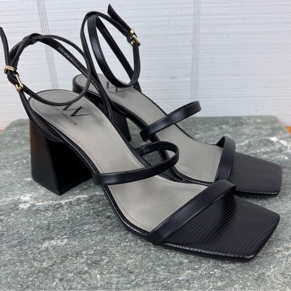 Worthington Wor Pico Black Strappy Block Heels Square Toe Snakeskin Ankle Strap - Picture 1 of 6